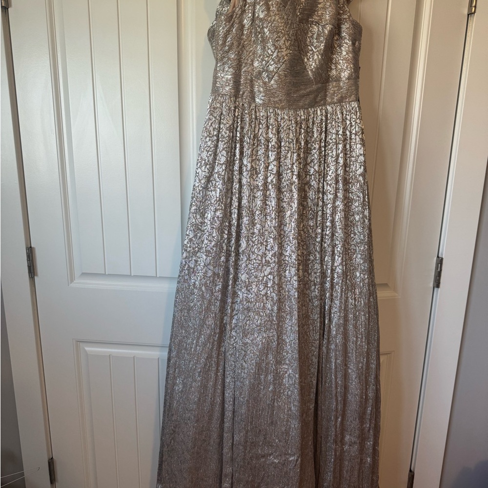 Aidan Mattox Silver Gold Off-the-Shoulder Gown